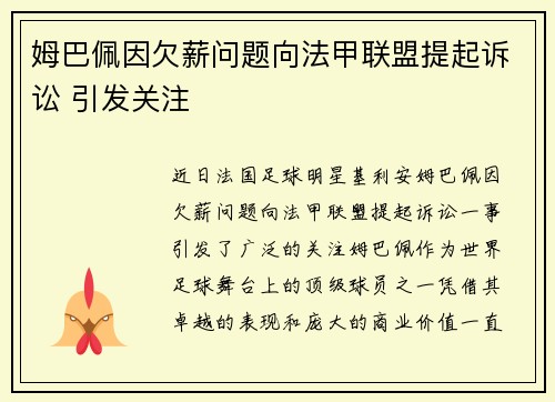 姆巴佩因欠薪问题向法甲联盟提起诉讼 引发关注