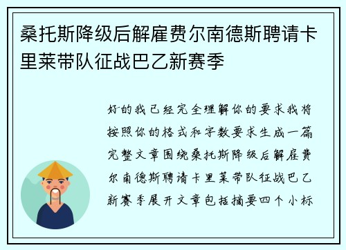 桑托斯降级后解雇费尔南德斯聘请卡里莱带队征战巴乙新赛季 桑托斯降级后解雇费尔南德斯聘请卡里莱带队征战巴乙新赛季