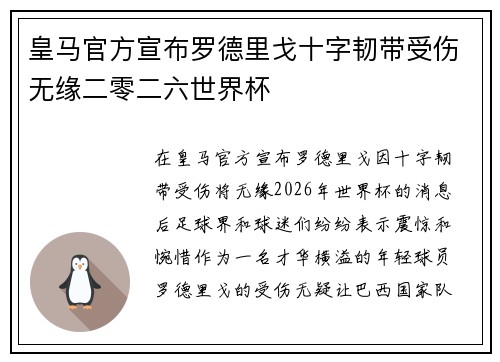 皇马官方宣布罗德里戈十字韧带受伤无缘二零二六世界杯