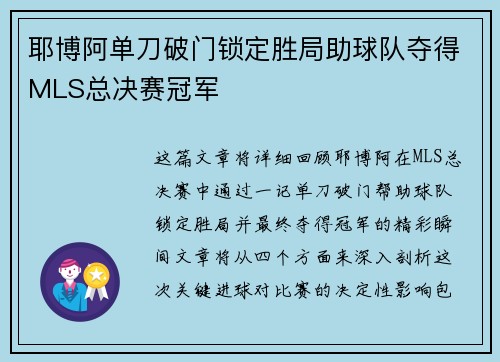 耶博阿单刀破门锁定胜局助球队夺得MLS总决赛冠军