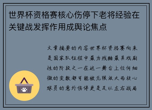 世界杯资格赛核心伤停下老将经验在关键战发挥作用成舆论焦点