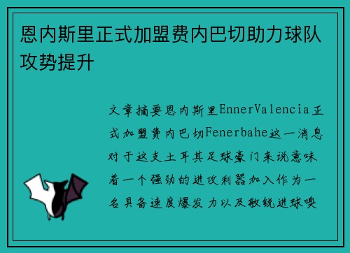 恩内斯里正式加盟费内巴切助力球队攻势提升